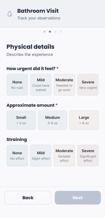 Logging a bathroom visit in Penny — capturing timing, urgency, and notes