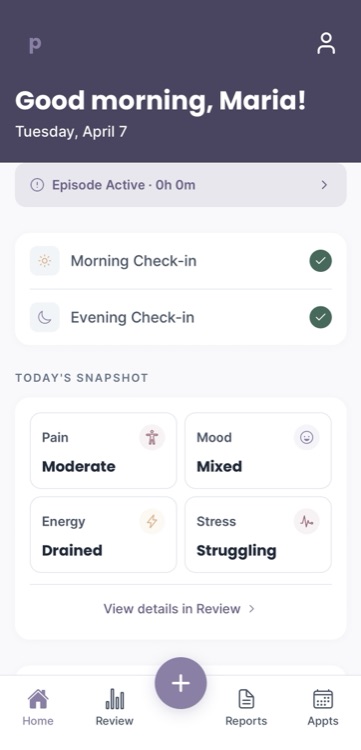 Penny app home screen showing an active episode and the day's tracking entries